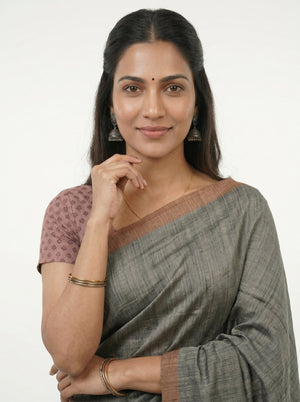 Chanderi  Grey Traditional Border Stripe Saree