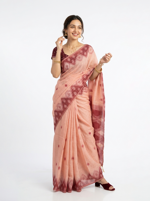 Semi Linen Peach Pink Tie-Dye Saree