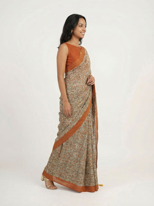 Chanderi Cotton Rust Orange And Beige Printed Saree