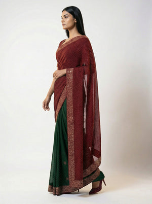 Vijithra Silk Contrast Maroon Green Stone Work Party Wear Saree