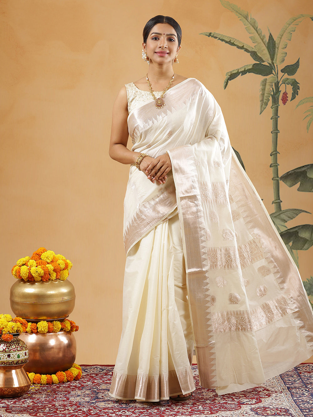 Off White Color Cotton Set Saree With Rose Gold Lotus Floral Buttas And Temple Border