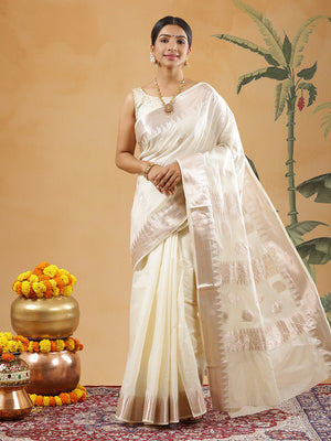 Off White Color Cotton Set Saree With Rose Gold Lotus Floral Buttas And Temple Border