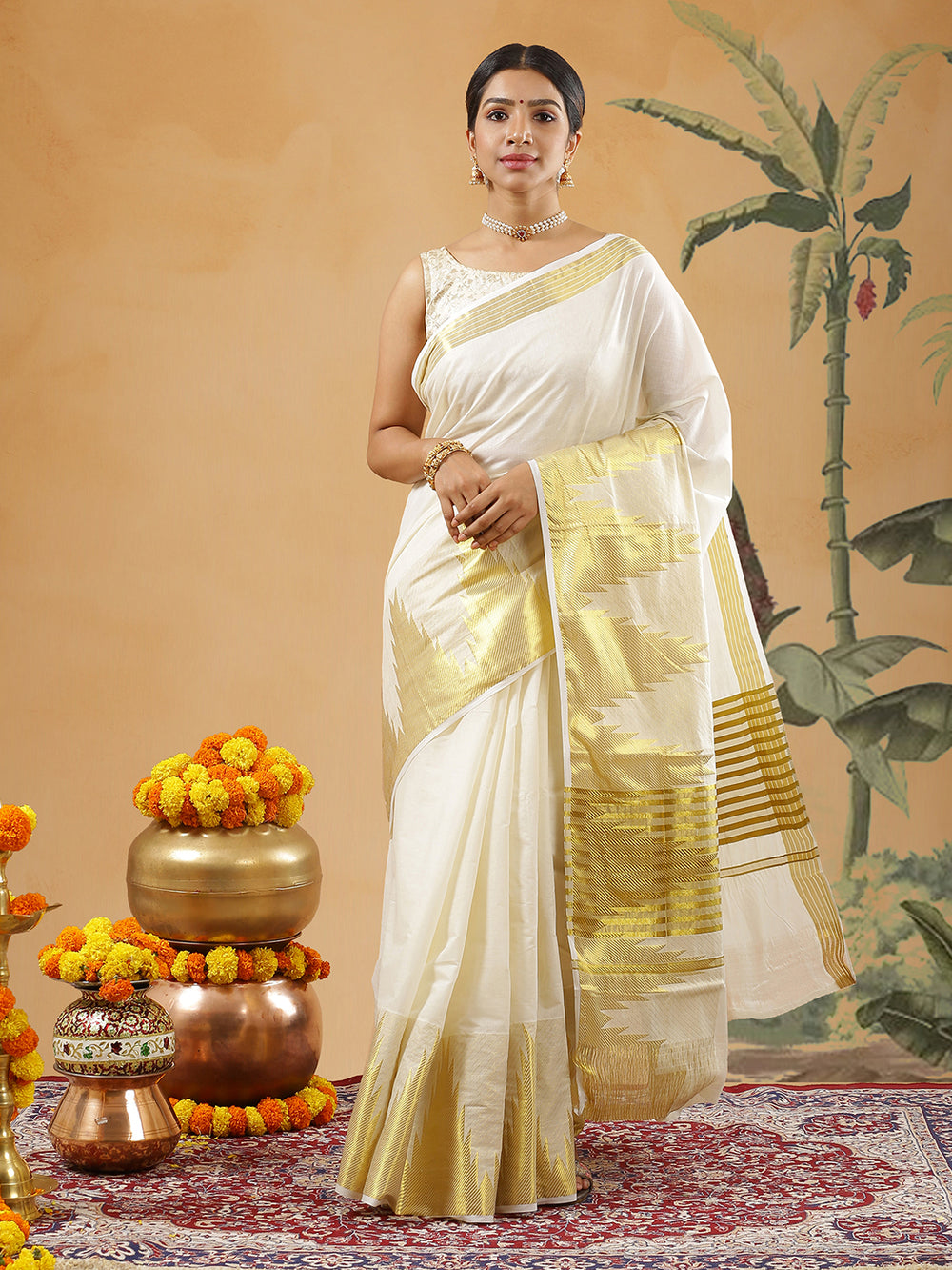 Off White Cotton Plain Set Saree With Lines On Pallu And Temple Designed Border
