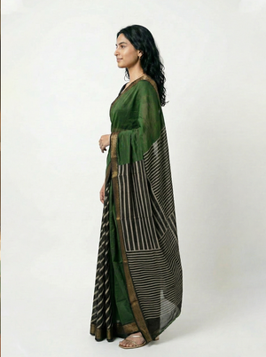 Chanderi Cotton Bottle Green Contrast Stripes Saree