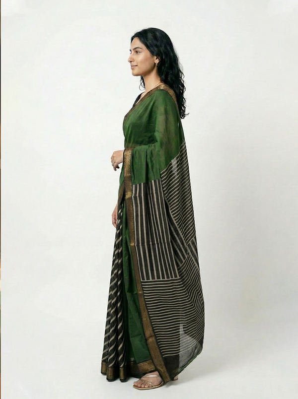 Chanderi Cotton Bottle Green Contrast Stripes Saree