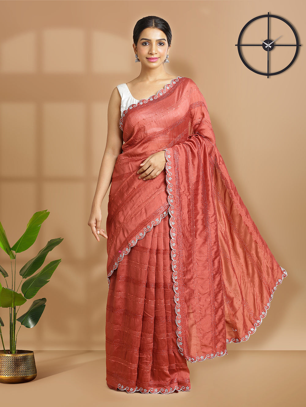 Brick Red Vijithra Silk Saree With Horizontal Thread Stripes Over Body