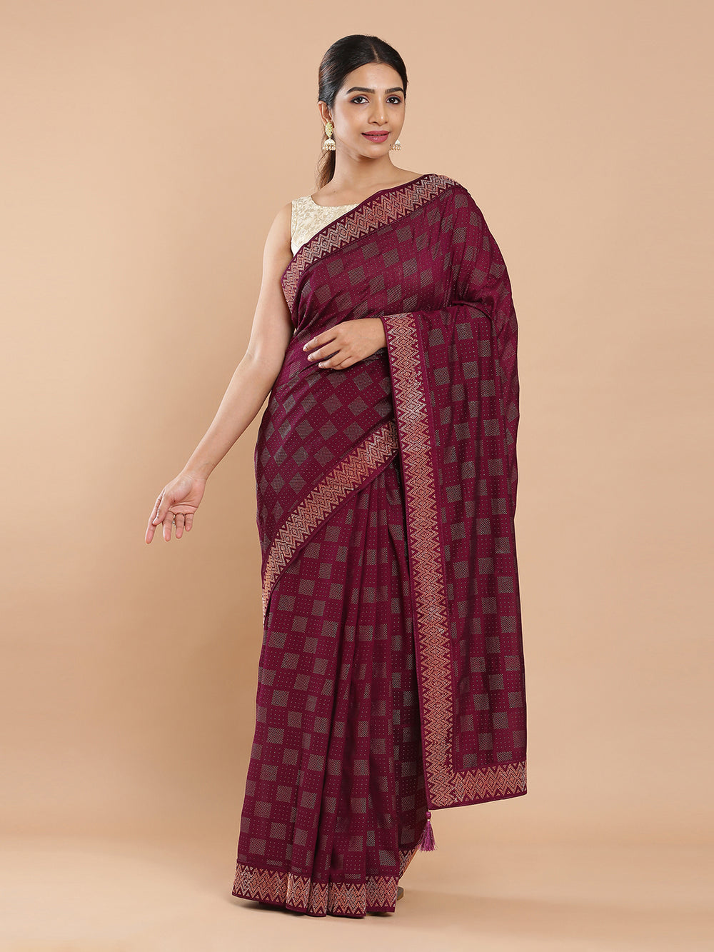 Wine Red Vijithra Silk Metalic Glitter Glue Work All Over Design Saree