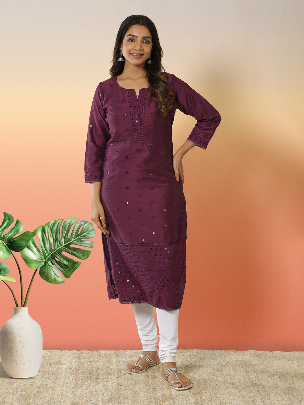 Purple Color Thread And Sequence Worked Kurti Top