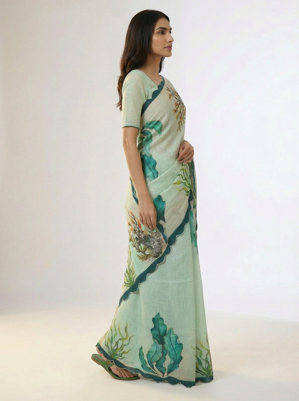 Cotton Mint Green Saree with Abstract Leaf and Ocean Inspired Design