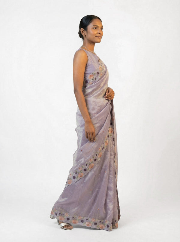 Organza Pastel Lavender Floral Embroidered Saree