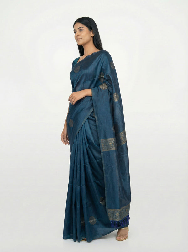 Semi Silk Peacock Blue Saree for Women with Gapped Butta Pattern