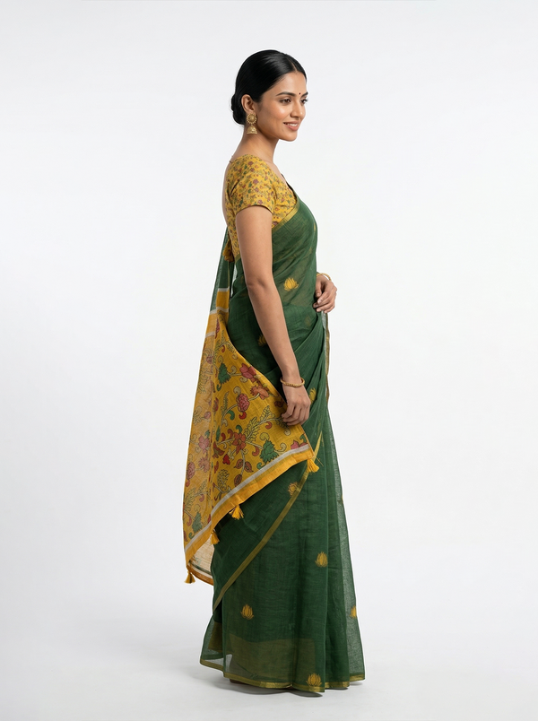 Semi Linen Forest Green Floral Design Saree