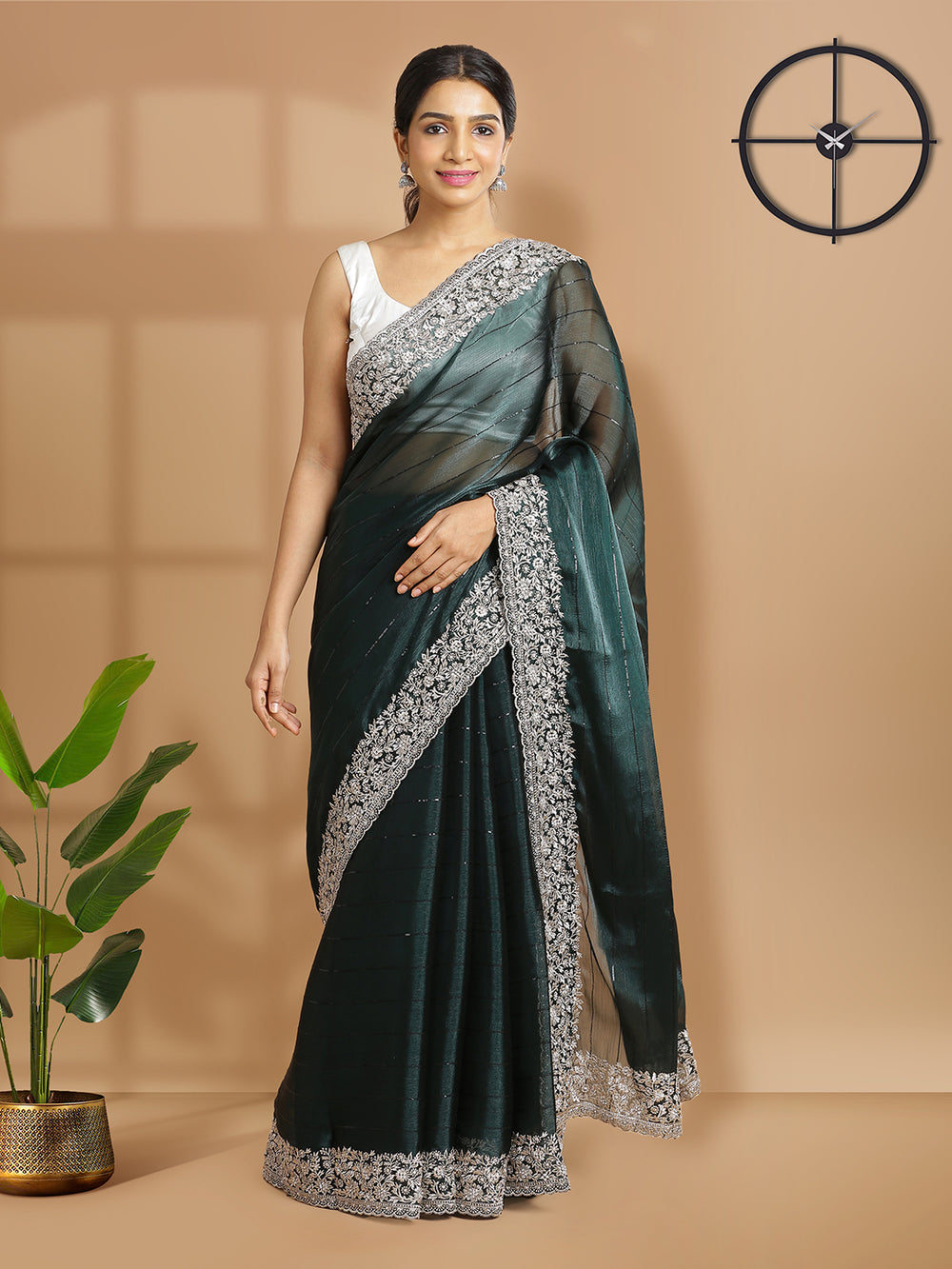 Bottle Green Organza Tissue Saree With Horizontal Sequence Stripes Over Body