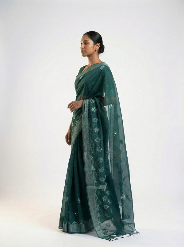 Chanderi Cotton Dark Green Saree with Zari Border and Floral Butti Work