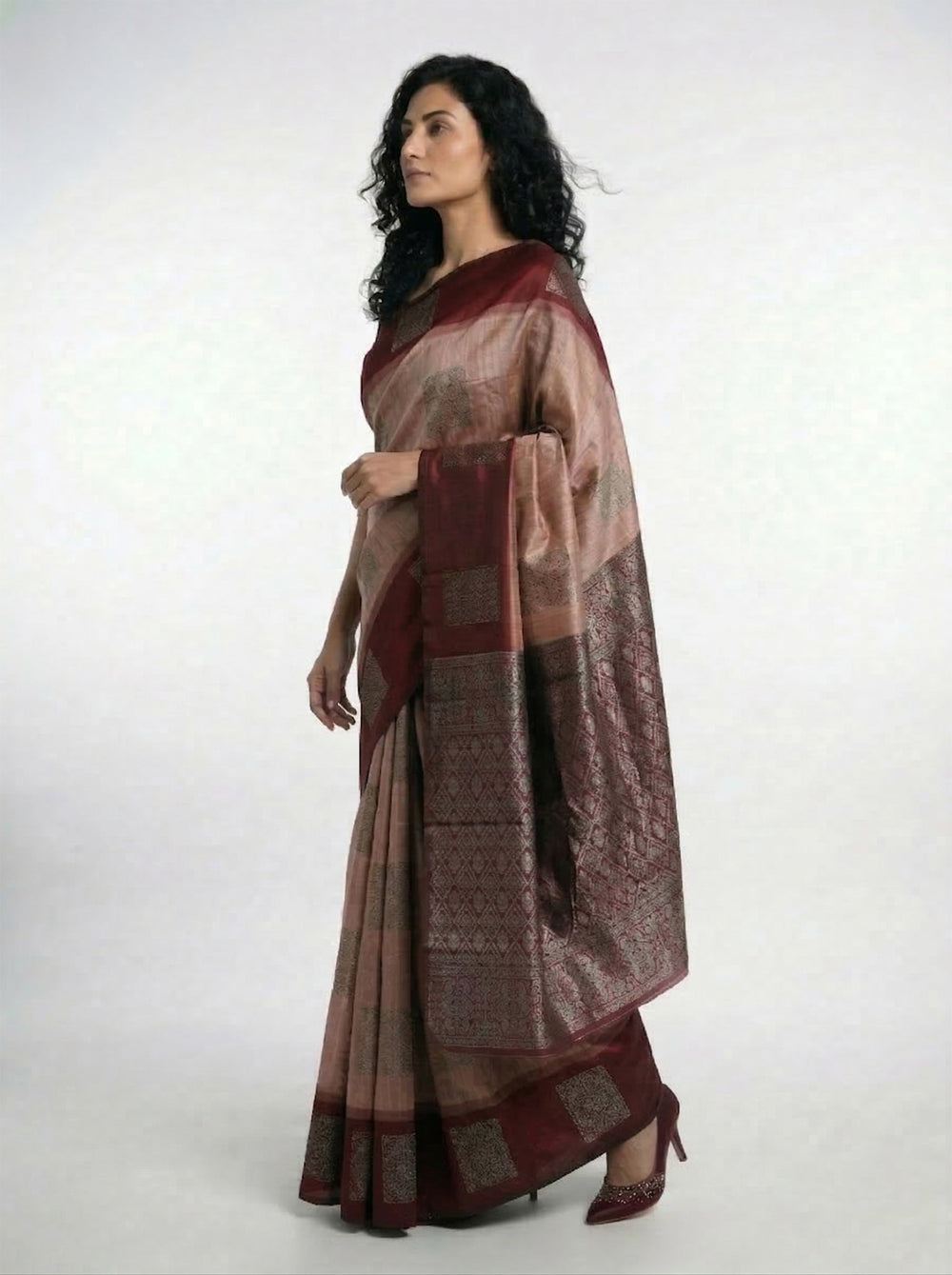 Woman wearing a traditional saree against a beige background