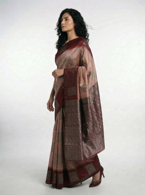 Semi Silk Peach & Maroon Zari Butta Saree with Contrast Border