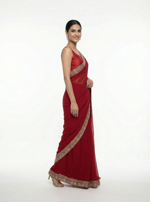 Georgette Classic Red Zari Embellished Designer Saree