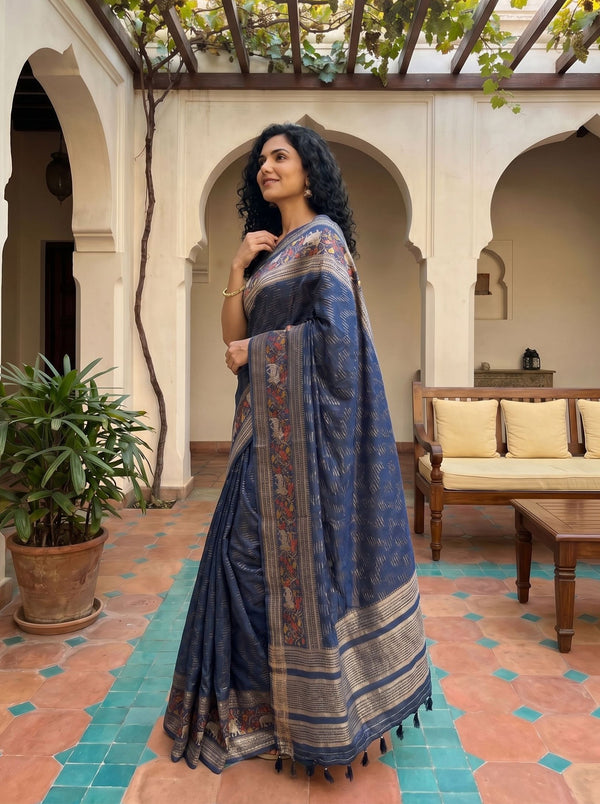 Tussar Silk Deep Steel Blue Printed Kalamkari Border Saree