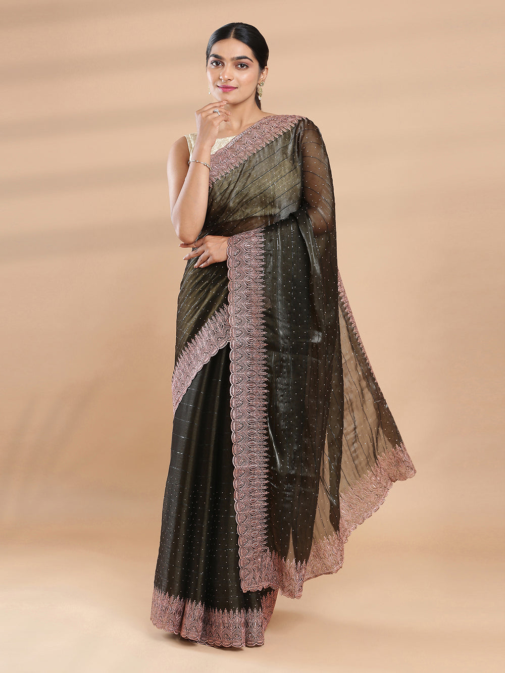 Mehandi Green Color Glass Organza Saree With Mini Stone Work On Body
