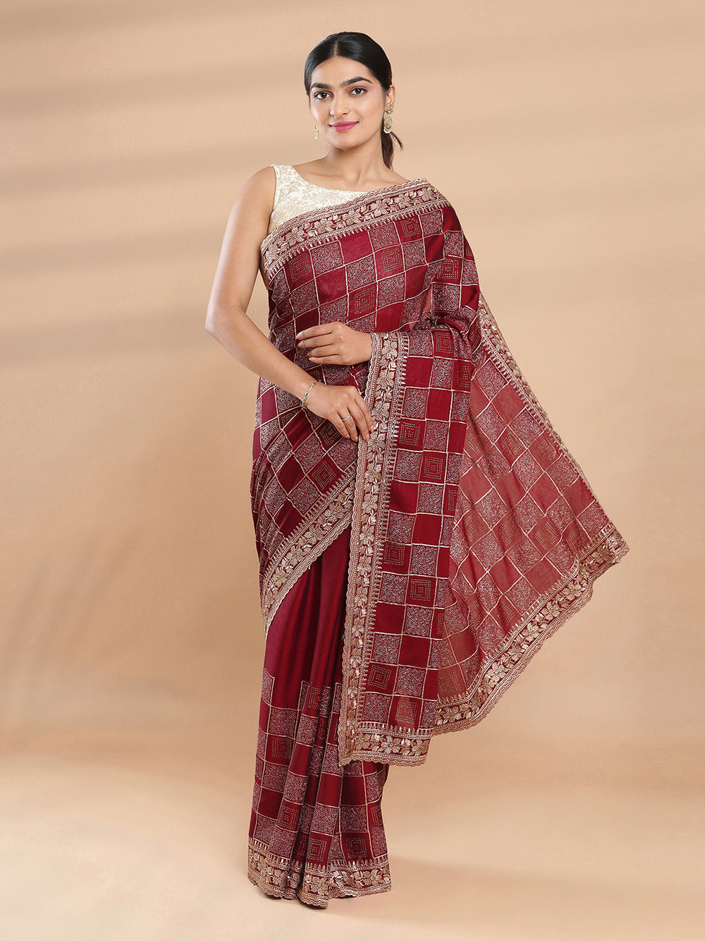 Maroon Color Poly Crepe Saree With Square Designed Work Over Body