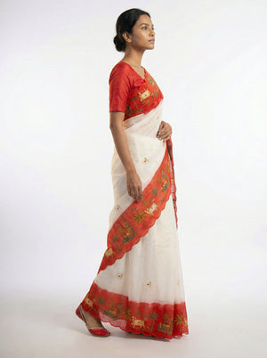 Cotton Off White Saree with Red Border and Decorative Traditional Pattern