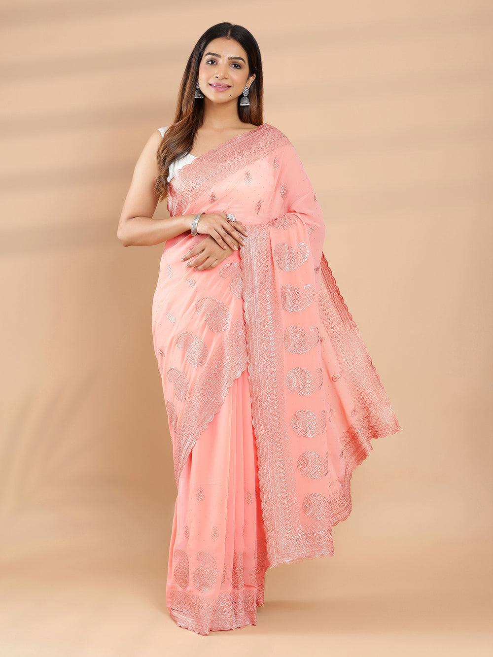 Peach Color Copper Embroidered With Stone Work Butta Designed Georgette Saree