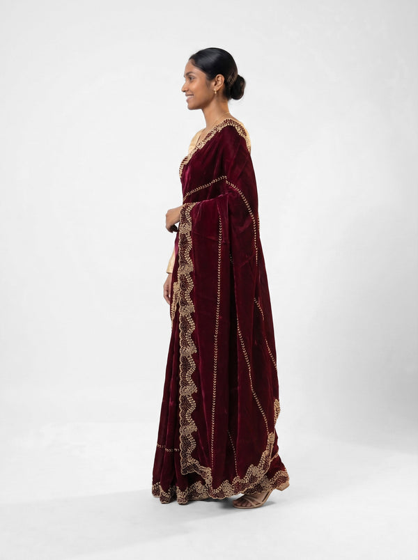 Organza Wine Red Stone Scalloped Border Designer Saree