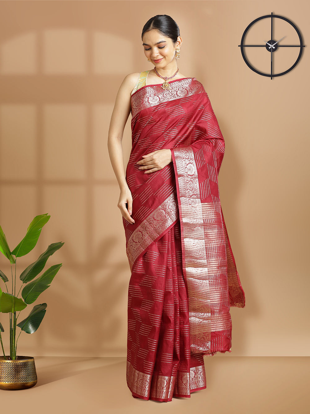 Dark Maroon Color Semi Tusser Silk Saree With Antique Color Thread Work Design Over Body