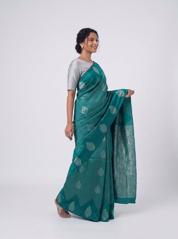 Art Silk Teal Green Silver Zari Woven Saree with Stripes and Paisley Butta