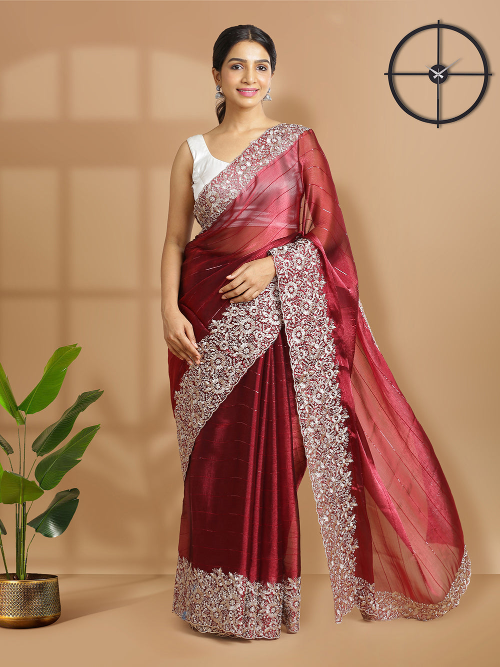Dark Maroon Organza Georgette Saree With Horizontal Sequence Stripes Over Body