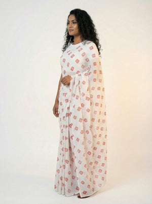 Chiffon White Saree for Women with Red Diamond Block Print