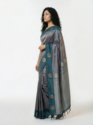 Art Silk Grey Teal Saree with Classic Floral Butta Prints and Designer Pallu