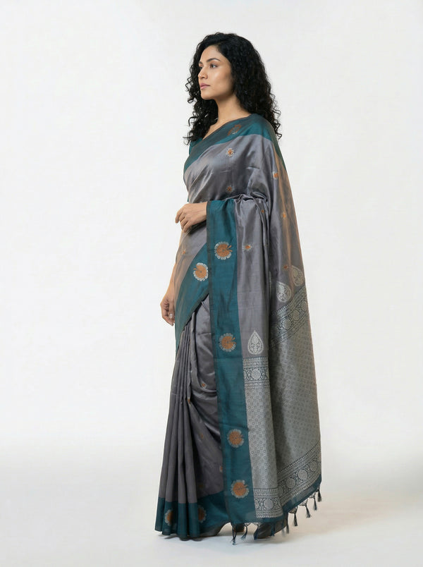 Art Silk Grey Teal Saree with Classic Floral Butta Prints and Designer Pallu