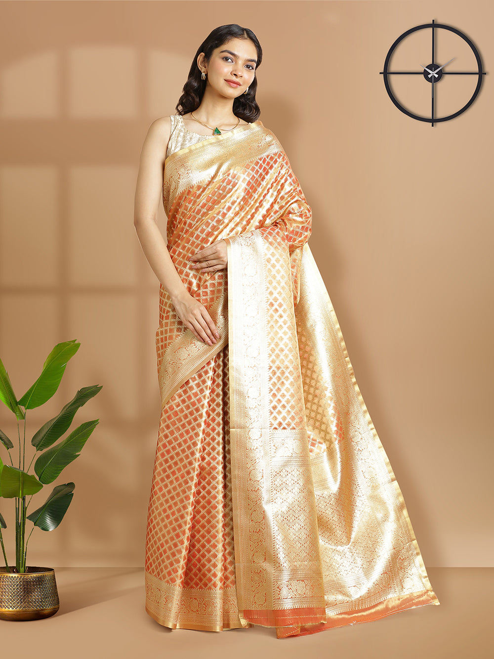 Kalyan Silks Orange Color With Golden Tissue Saree With Golden Thread Design Over Body