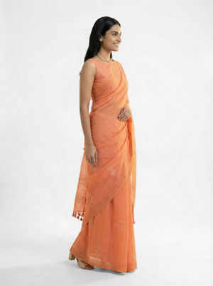 Chanderi Cotton Peach Embroidered Floral Pattern Saree