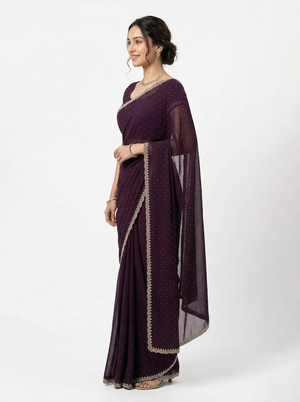 Georgette Wine Purple Stone Studded Saree with Pearl Beaded Border