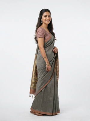 Chanderi  Grey Traditional Border Stripe Saree