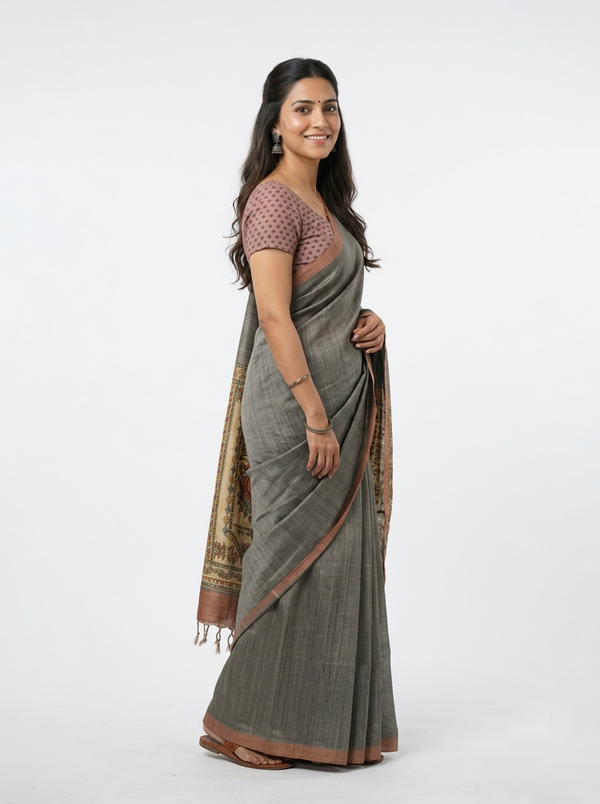 Chanderi  Grey Traditional Border Stripe Saree