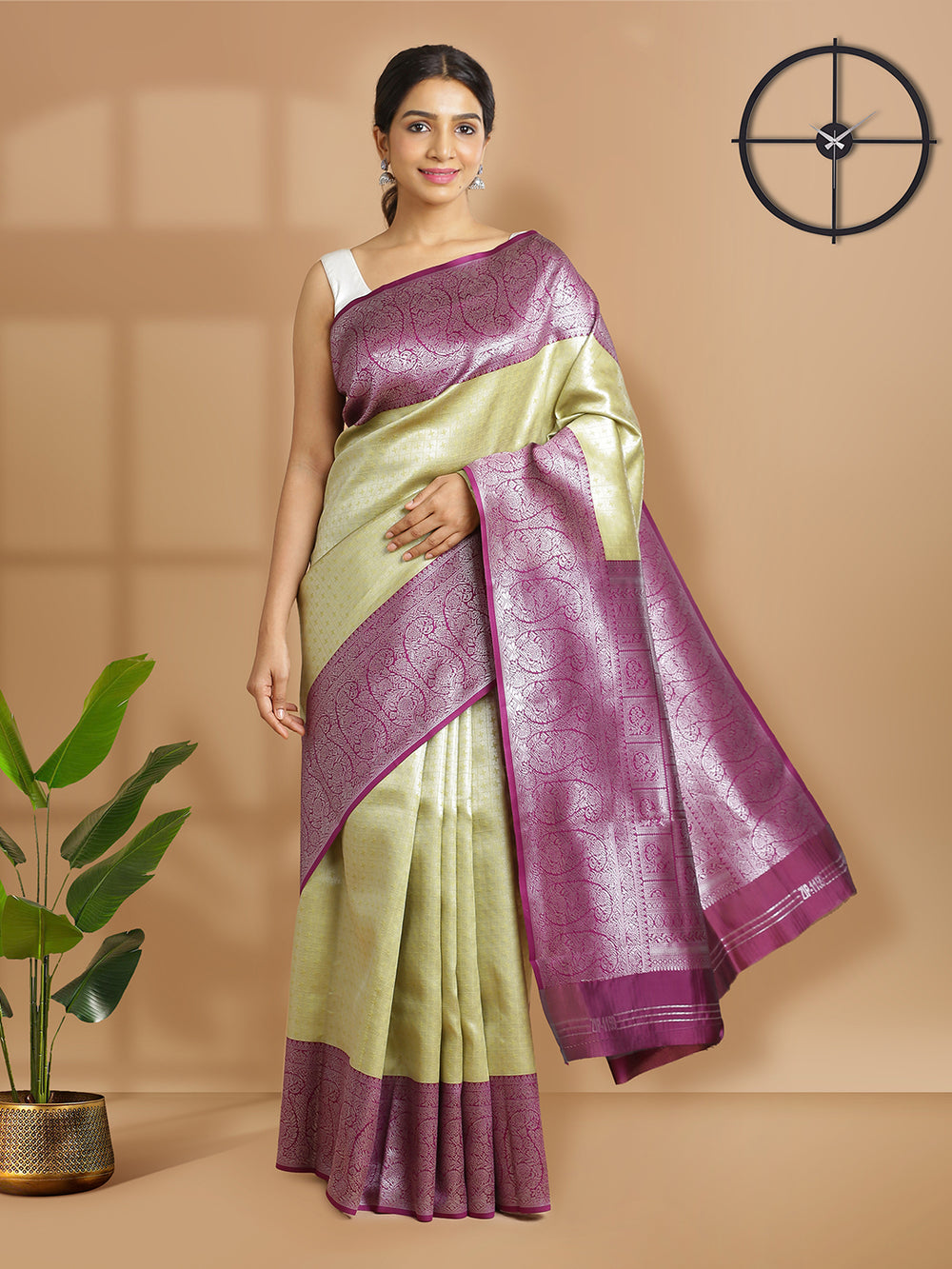 Light Olive Green Color Art Silk Saree With Silver Check Designed Woven Work Over Body