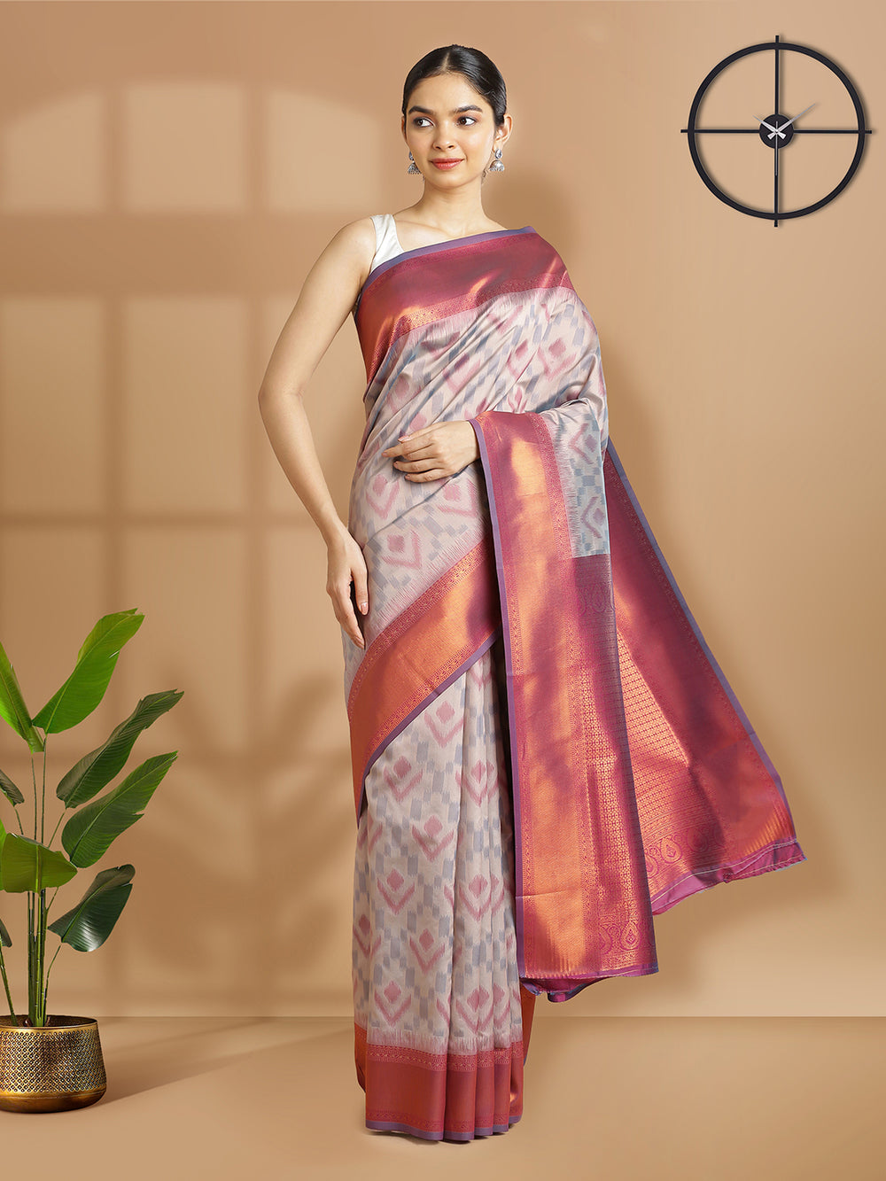 Light Gray  Pochampalli Designed Art Silk Saree With Blue Border