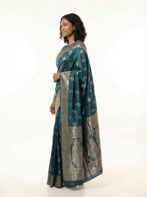 Art Silk Peacock Blue Zari Woven Saree with Floral Butta