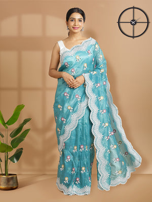 Sea Green Organza Saree With Multi Floral Thread Work Over Body