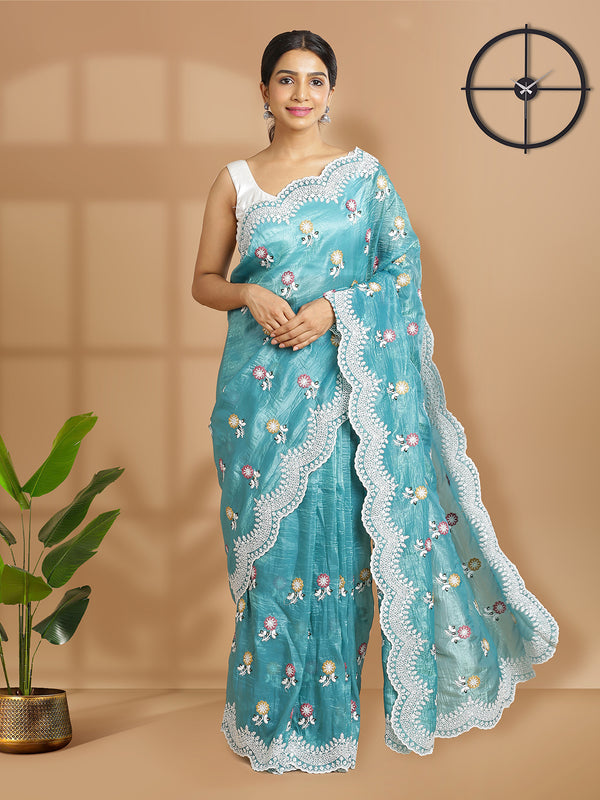 Sea Green Organza Saree With Multi Floral Thread Work Over Body
