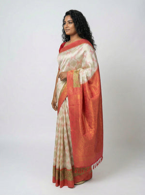 Art Silk Off White Designer  Saree with Woven Butta Peach Blouse Fabric