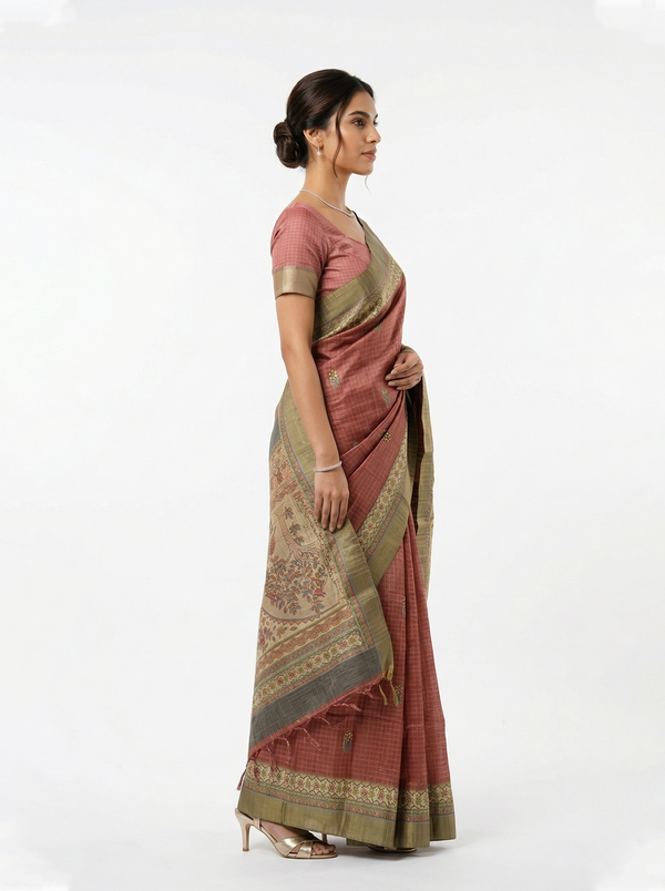 Semi Jute Dusty Rose Checked Printed Saree
