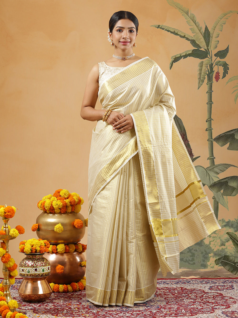 Golden Tissue Set Saree With Vertical Golden Stripes And Golden Kasavu Border