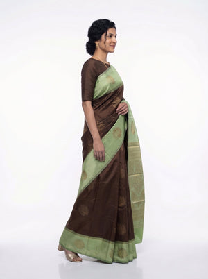 Art Silk Brown and Sage Green Zari Woven Saree with Floral Butta