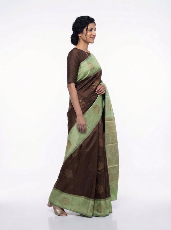 Art Silk Brown and Sage Green Zari Woven Saree with Floral Butta