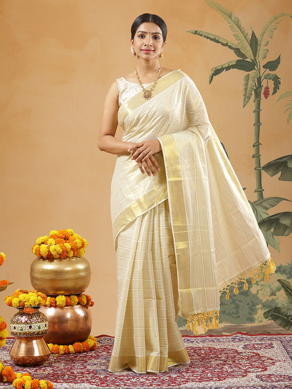 Golden Tissue Set Saree With Golden Bordered Off White Vertical Stripes On Body