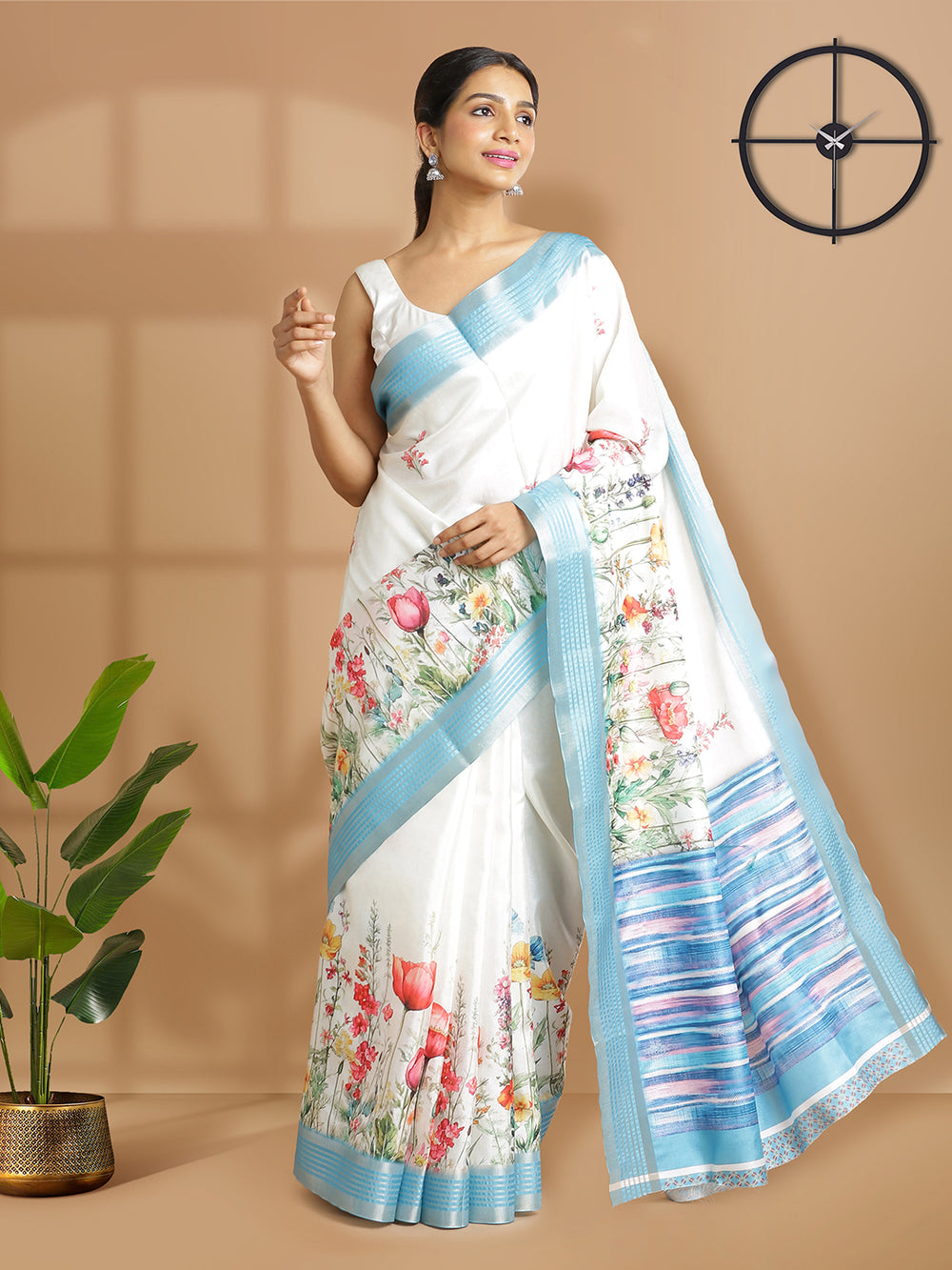 Off White Color Art Silk Saree With Blue Zari Border And Floral Design Over Body